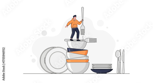Balancing Act Depicting Daily Life, Illustration of a Man and Utensils, Modern Design