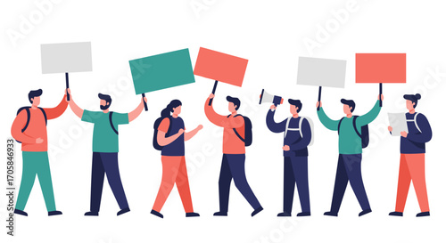 Diverse group of people protesting with blank signs in flat design style