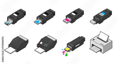 Isometric printer and ink cartridge icons for modern technology designs