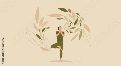 Balancing Pose Amidst Nature's Embrace Depicting Inner Harmony And Serenity