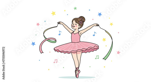 Ballerina Dancing Merrily With Ribbons Amidst Musical Notes And Whimsical Stars