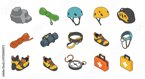 Isometric outdoor adventure gear collection for rock climbing and safety