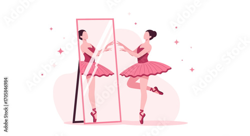Ballerina Gazing Into Mirror Preparing For Ballet Performance In Pink Attire