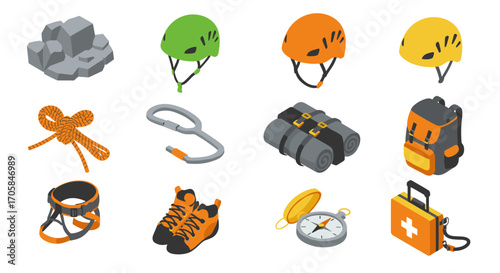 Essential equipment for rock climbing adventures in isometric style