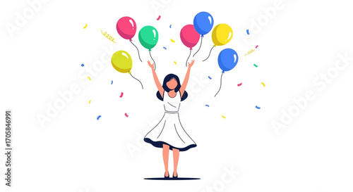 Celebratory Woman Releasing Balloons and Joyful Confetti Amidst White Splendor