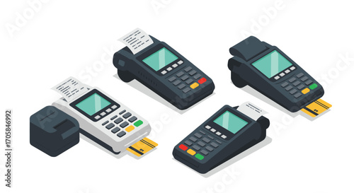 Isometric payment terminals with credit cards and receipts