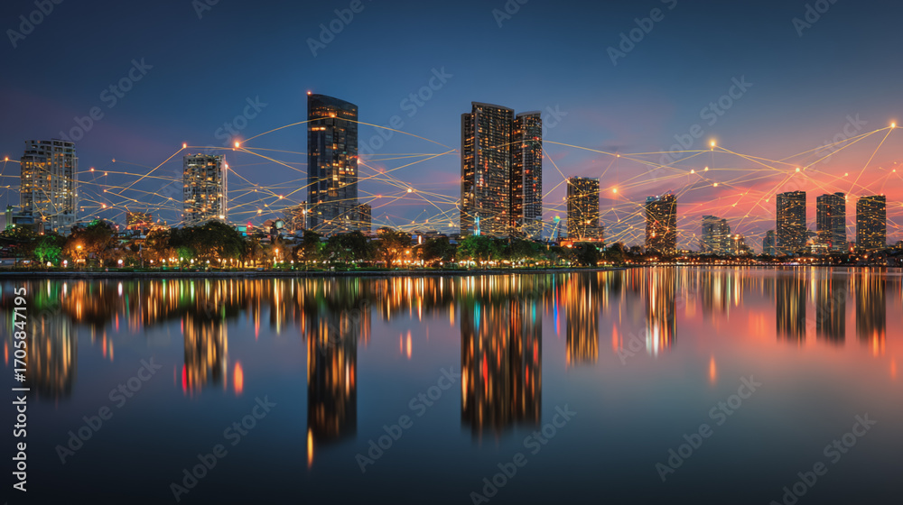 Obraz premium Twilight in the Smart digital Innovation city with connection network reciprocity over the cityscape. of future smart wireless digital city and social media networking systems that connects people