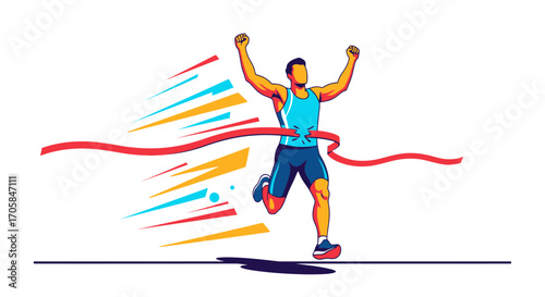 Champion Athlete Joyfully Crossing Finish Line in a Colorful Athletic Competition