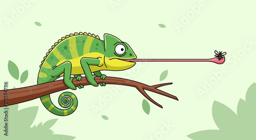 Chameleon With Its Tongue Licking A Fly While Perched On A Brown Branch
