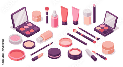 Isometric makeup essentials: diverse beauty products with modern design