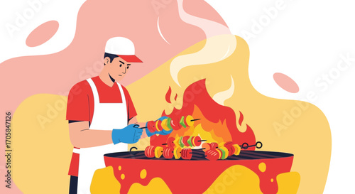 Barbecue Chef Grilling Skewers Over Flames, Delicious Meal Preparation Process Illustration