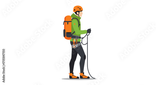 Adventure seeker: climber in gear with rope prepared for mountain exploration