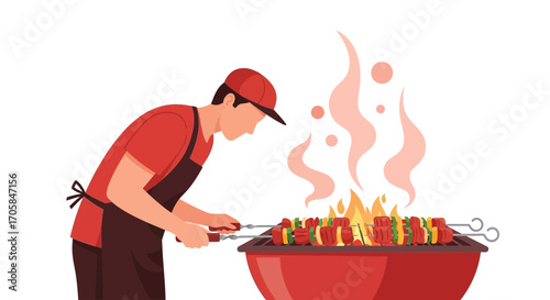 Barbecue Chef Preparing Delicious Skewers Full Of Grill Flavor On The Hot Grill