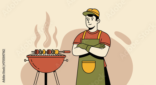 Barbecue Chef Staring At Grilled Kebabs On A Red Barbecue For A Gathering