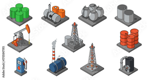 Industrial energy elements isometric set featuring oil drill towers and storage tanks