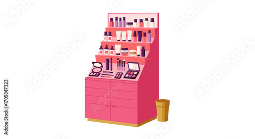 Pink makeup display stand with various cosmetics on shelves