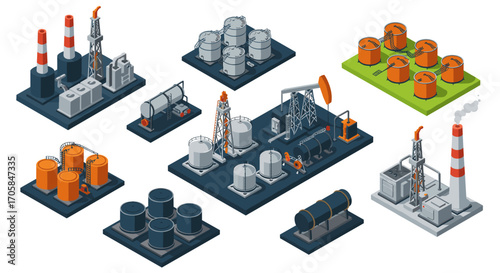 Industrial isometric structures and elements showcasing oil and gas facilities