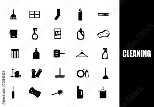 Cleaning tools and supplies icon set. black sign.
