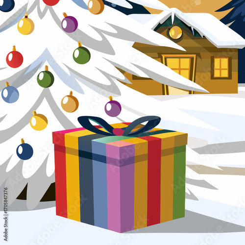 Colorful gift box by decorated Christmas tree in snowy landscape  