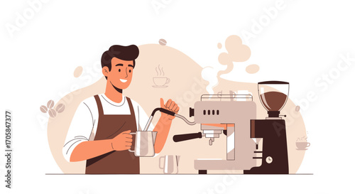 Barista Crafting Espresso Drink With Professional Equipment And Smiling, Simple Illustration