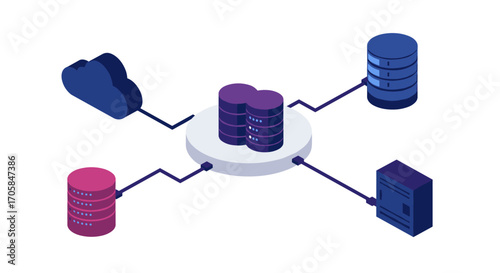 Isometric network diagram with cloud and server connections