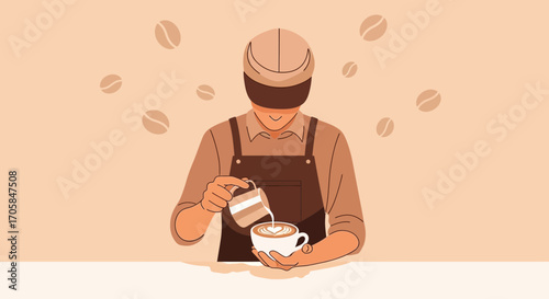 Barista Expertly Pouring Latte Art Into The Coffee Cup Depicting Heart Shape Design
