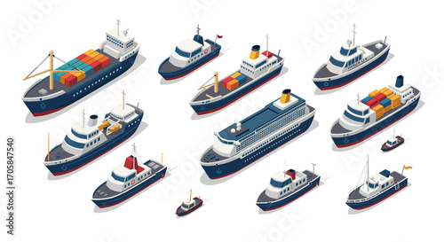 Isometric set of various ships and boats with cargo and passenger vessels