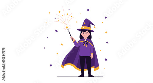 Charming Child Sorceress Conjuring Magical Spells With Sparkling Stars And A Wand Design