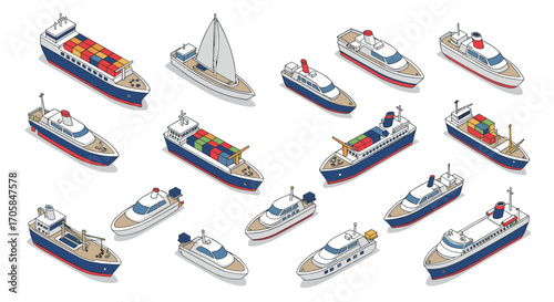 Isometric boats and ships collection with cargo vessels, sailboat, and ferries