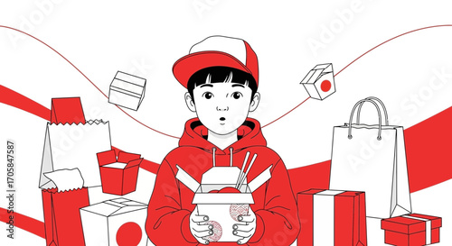 Charming Courier Holding Food Box Amidst Stylish Delivery Packaging Elements