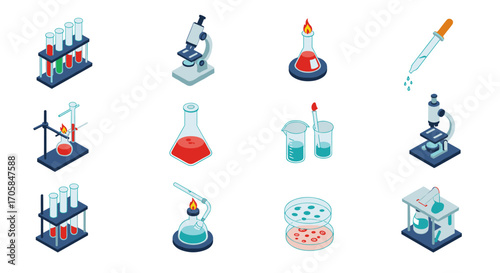 Isometric laboratory equipment icons: test tubes, microscope, beaker, pipette, petri dish