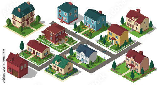 Charming isometric neighborhood scene with colorful houses and lush gardens