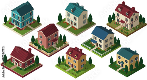 Charming isometric neighborhood with diverse house designs and lush gardens