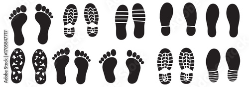 Human Footprint and Shoe Sole Icon Set – Walking Steps, Barefoot and Footprints Silhouette Collection