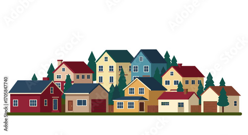 Charming neighborhood with colorful houses and trees