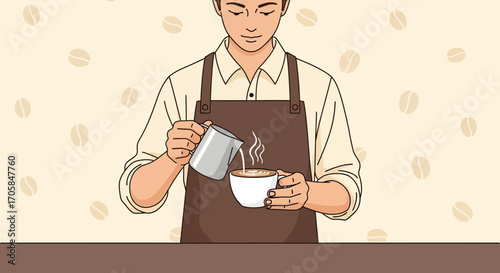 Barista Skillfully Crafting Foam Art For Coffee With Coffee Beans In Background
