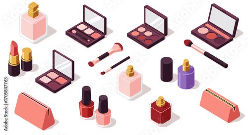 Isometric makeup essentials on white background with lipsticks, nail polish, and brushes