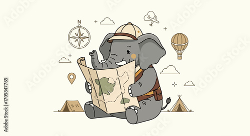 Charming Elephant Explorer Reading A Map With Adventure, Compass And Hot Air Balloon