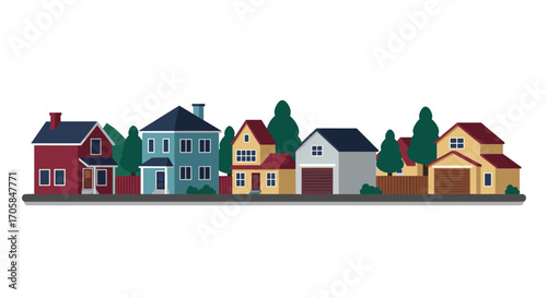 Charming suburban neighborhood with colorful houses and lush trees