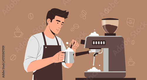 Barista Skillfully Prepares Coffee Drink Using Espresso Machine And Barista Tools