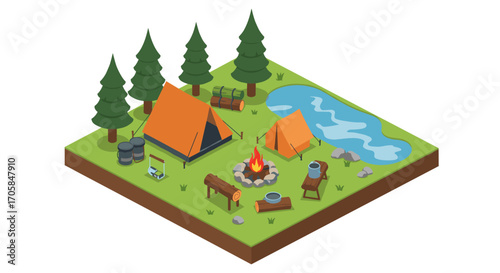 Isometric camping scene with tents, campfire, and forest by a stream