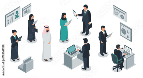 Isometric office team interacting with modern technology in diverse business environment