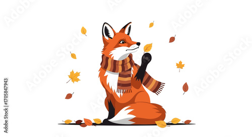 Charming Fox In Scarf Admiring Autumn Leaves On A White Background Illustration