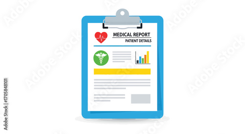 Blue clipboard with a medical report showing patient details health icons and data charts.
