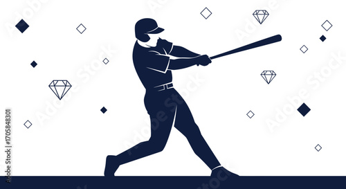 Baseball Player Silhouette Hitting, Diamonds Sparkle, Dramatic Action on a White Space Background