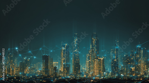 Wallpaper Mural Twilight in the Smart digital Innovation city with connection network reciprocity over the cityscape. of future smart wireless digital city and social media networking systems that connects people Torontodigital.ca