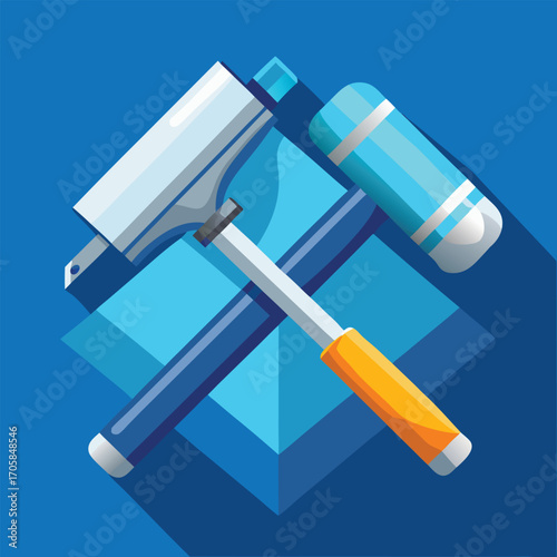 Two crossed cleaning tools with blue background and shadows