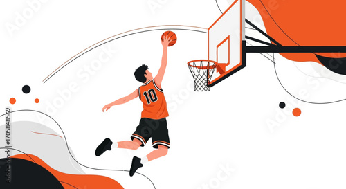 Basketball Player Dunking Ball Aiming Score, Vibrant Sport Illustration With Modern Design
