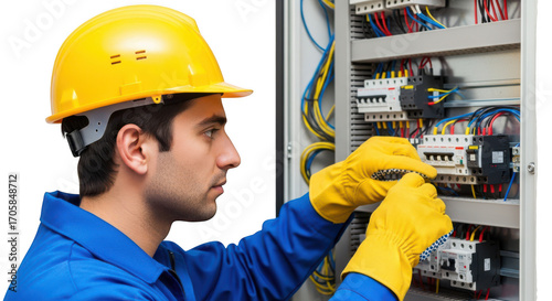 Electrician working on electrical panel isolated on transparent background