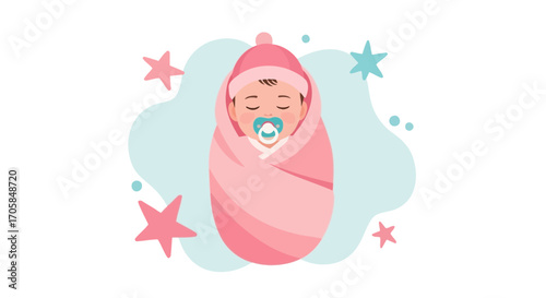 Charming Newborn Swaddled In Pink, Surrounded By Gentle Stars For A Sweet Illustration